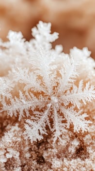 Close up ice crystal shows intricate details resting on a textured surface shimmering in soft light. Winter concept showing a crystal structure. photo