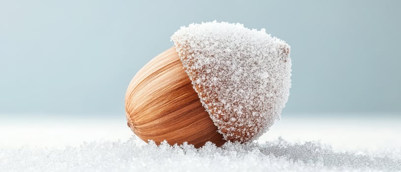Single acorn lies on surface. Brown nut is covered with ice crystals against light blue backdrop. Winter season still life with frozen nature detail. photo