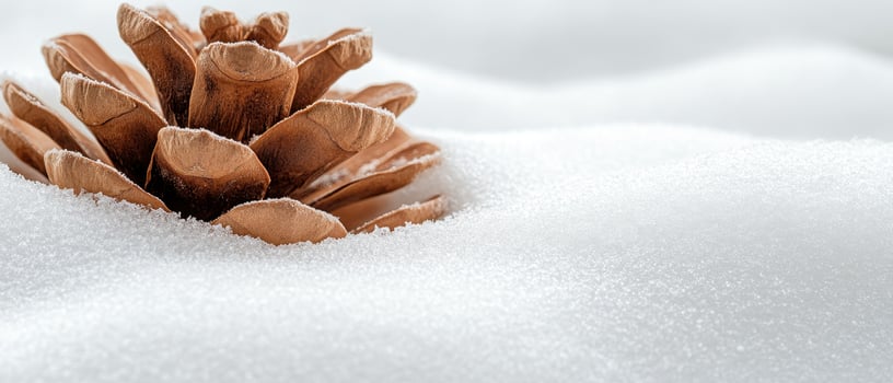 Brown pine cone rests partially buried in drifts of fresh white snow glistening in winter light on a bright day photo