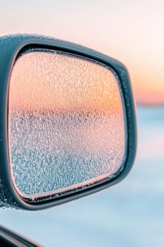 Car mirror covered with ice crystals reflects bright light. Winter frost on surface. Cold weather landscape view through frosted glass. photo
