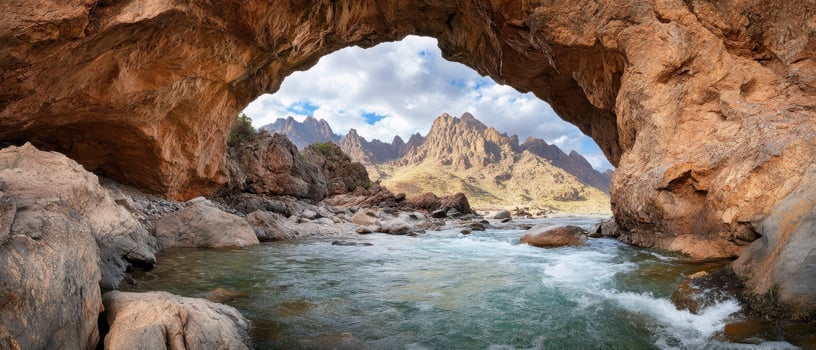 Arch view over water and mountains photo