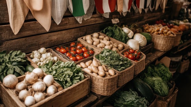 Fresh vegetables arranged in wooden crates and wicker baskets on rustic shelves at a produce market with textiles hanging above. photo