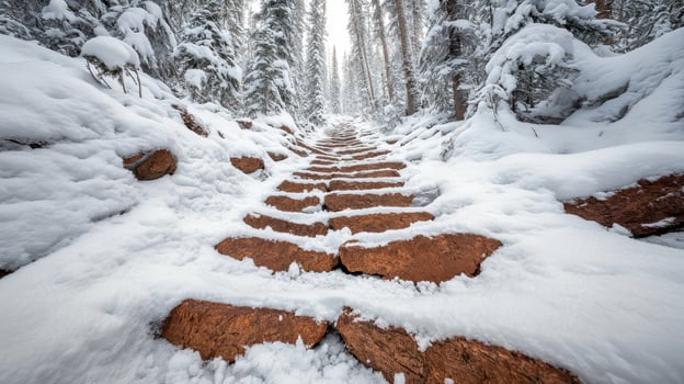 Rocky steps ascend through snowy forest. Evergreen trees line path. Winter scene with thick snow cover. Cold weather hike in mountains. photo