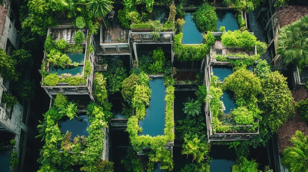 Aerial view of weathered concrete structures overgrown with dense green vegetation and calm pools of water in an outdoor setting photo