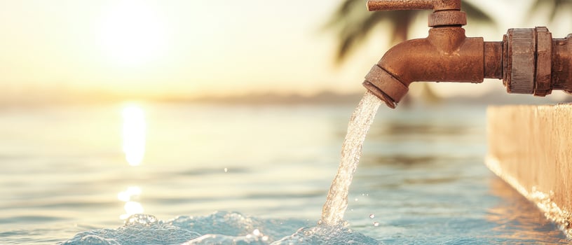 Old metal faucet pours clean water stream into swimming pool during bright sunrise. Clear water flows from tap. Summer vacation theme. photo