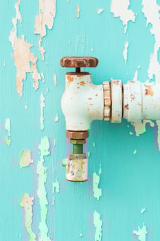 Aged light blue painted wall showing an old rusted faucet attached and peeling paint texture on exterior wood surface photo