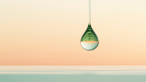Hanging clear water drop with green liquid reflecting sky over a calm light blue body of water with light orange sky background photo
