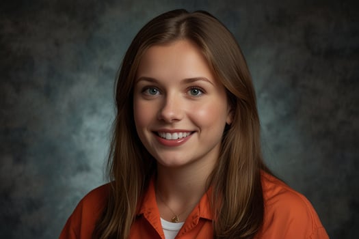 A young woman in an orange shirt smiling photo
