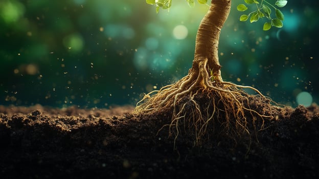 Young tree growing from fertile soil with visible roots photo