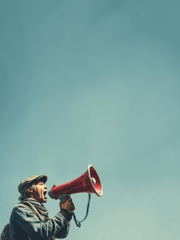 Protester Passionately Advocates for Freedom of Speech With a Megaphone Against a Clear Blue Sky in a Public Demonstration photo