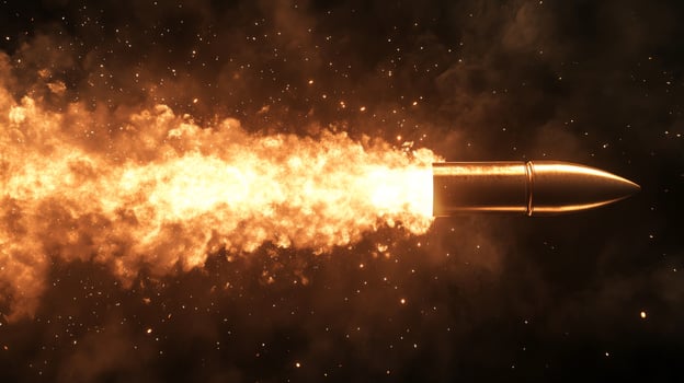 Burning bullet flying with fiery trail on dark background photo
