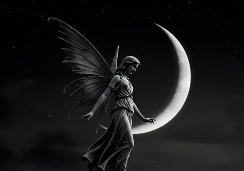 Fairy statue under crescent moon photo