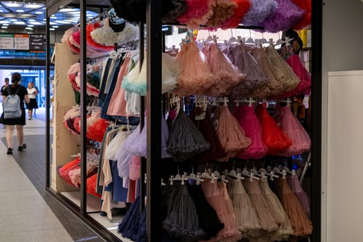 Colorful ruffled children's skirts elegantly displayed in a modern mall retail store, symbolizing whimsical fashion and joyful celebration photo