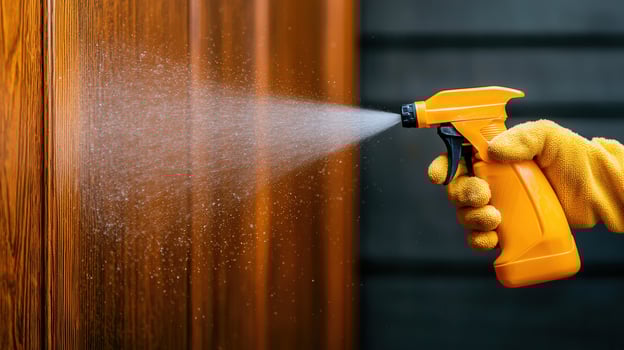 Gloved hand disinfecting sanitizing solution, wooden spraying surface with thorough cleaning technique for optimal hygiene protection photo