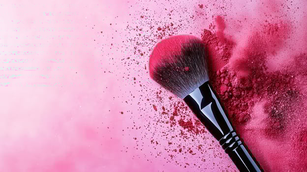 Professional makeup brush applying pink blush powder on a pink background, creating a delicate and vibrant look photo