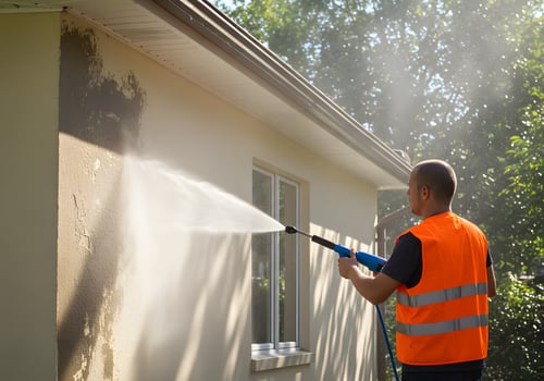 A man in an orange vest is spraying a wall photo