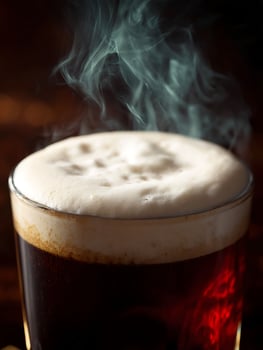 Close up of a Glass of Dark Beer with Steaming Head. photo