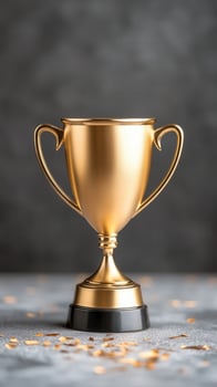Shiny gold trophy with confetti on a gray background, celebrating achievement and success in competition photo