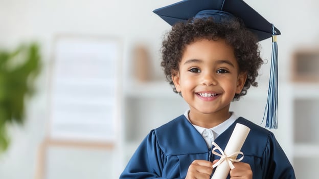 Smiling african american preschooler wearing graduation gown, proudly early diploma holding at learning celebration photo