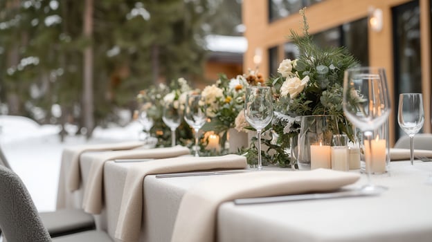 Elegant long table is set for a winter wedding reception, featuring white flowers, candles, and a snowy mountain backdrop photo