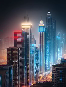 Night cityscape, illuminated skyscrapers at dusk. photo
