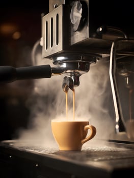 Espresso Machine Pouring Coffee into a Cup Close Up Shot of Coffee Brewing. photo