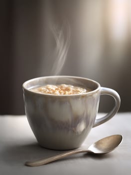 Steaming Hot Oatmeal in a Rustic Mug, Cozy Breakfast Scene. photo