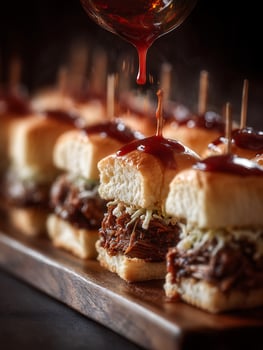 Delicious BBQ Pulled Pork Sliders with Sauce Drizzle. Close up of gourmet mini sandwiches. photo