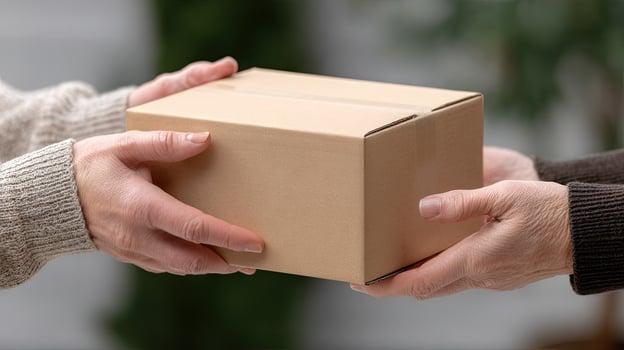 Two hands holding a brown box photo