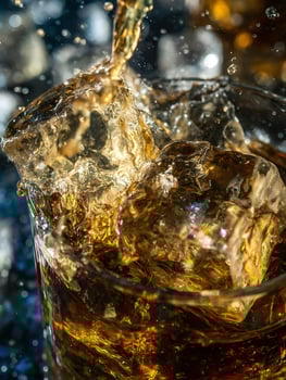 Amber Liquid Splashing into a Glass with Ice Cubes. A close up photograph of a refreshing drink. photo