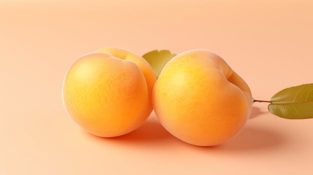 Two ripe peaches with a leaf, close-up. photo