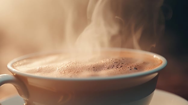 Warm coffee in a cup, rising steam. photo
