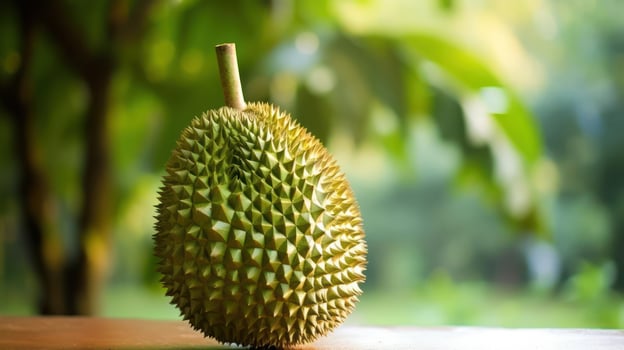A spiky durian fruit against a blurred green background. photo