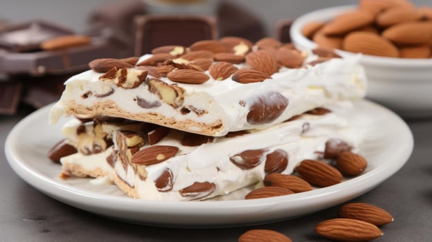 Stacked white chocolate almond bark on a plate. photo