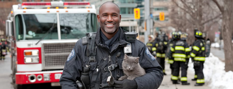 A man in a police uniform holding a cat photo