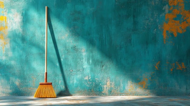 Broom leaning against grunge wall casting a shadow in sunlight photo
