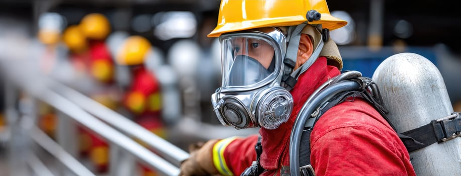 A firefighter wearing a gas mask and helmet photo