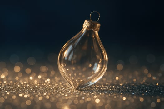 Elegant clear glass holiday ornament on sparkling golden glitter with festive bokeh photo