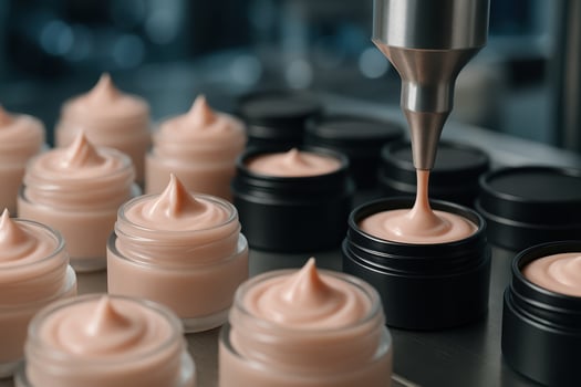 Automated production line filling cosmetic cream into small jars in a modern factory photo