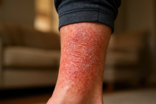 Close up of adult leg with severe dry, red, flaky skin condition, possibly eczema photo