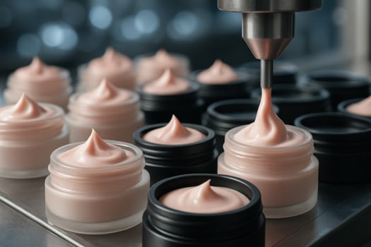 Automated machine filling pink cosmetic cream into small jars on a production line photo