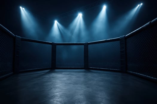 Empty MMA octagon cage in a dark arena with bright spotlights photo