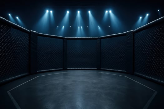 Empty mixed martial arts MMA cage in a dark arena with bright spotlights photo