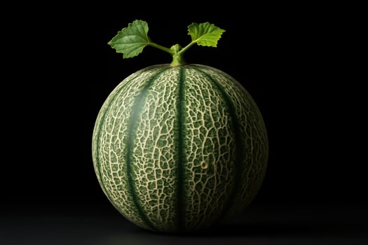 Fresh whole cantaloupe melon with green leaves on a dark studio background photo