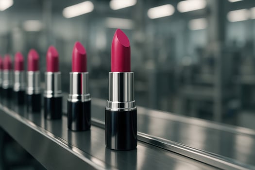 Deep fuchsia lipsticks on a polished metallic conveyor belt in a modern factory. photo