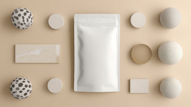 Modern Packaging Pouch Mockup Displayed With Minimalistic Props on a Soft Beige Background for Design Inspiration photo