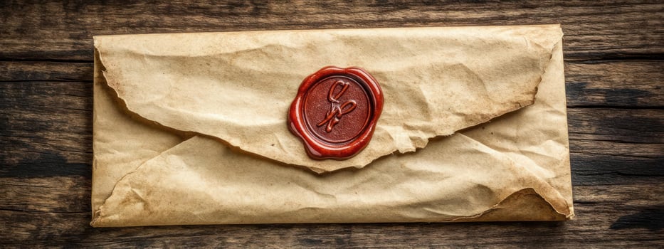Antique letter with wax seal on wooden surface. photo