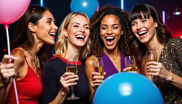 Four women holding champagne flutes and smiling photo
