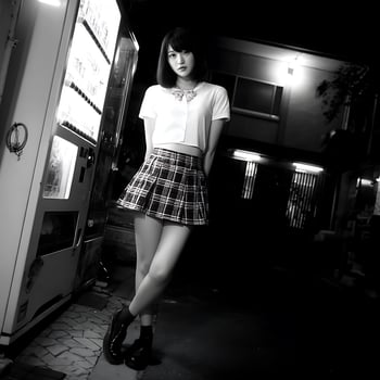 A young woman in a school uniform stands at night near a vending machine. photo