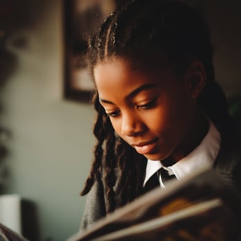 Focused Young Girl with Braids Reading a Book. photo